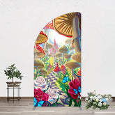 Lofaris Floral Mushroom Wonderland Birthday Half Moon Arch Backdrop